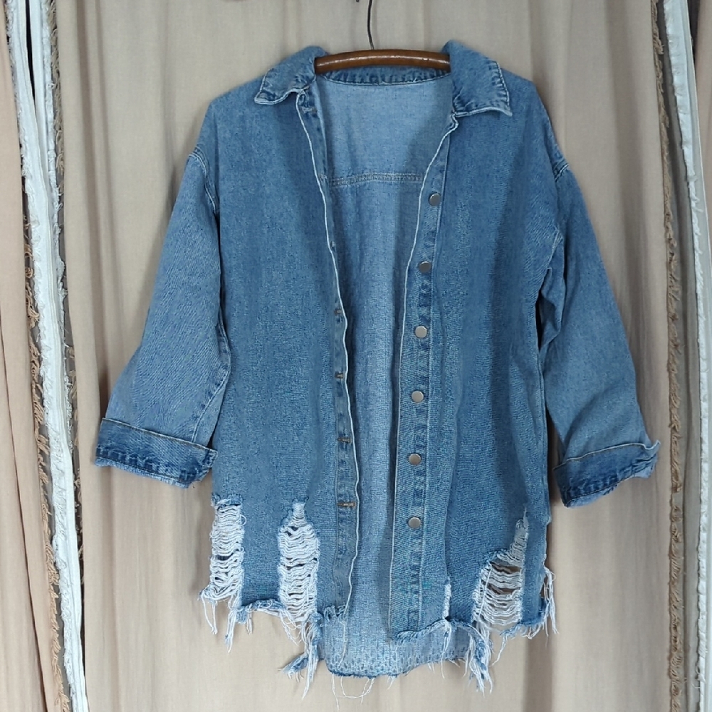 Distressed Denim Jean Jacket - Picture 1 of 7